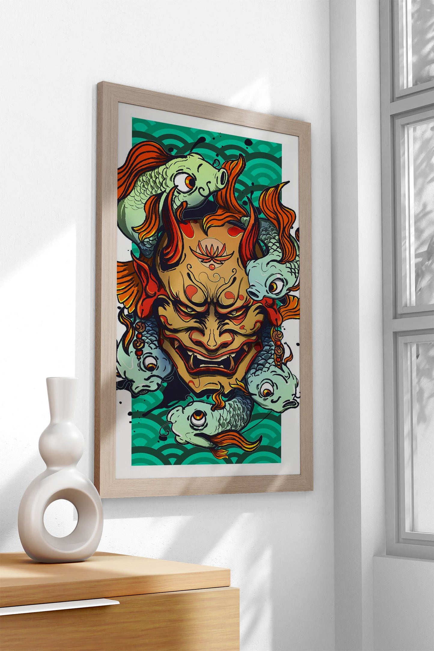 Hannya Mask Koi Pond Japan Asian Style Poster | Wall Art for Home & Office | High-Quality Print