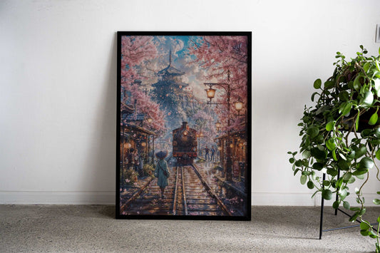 Japan Cherry Blossom Train Asian Style Poster | Wall Art for Home & Office | High-Quality Print - High-Quality Visual Display