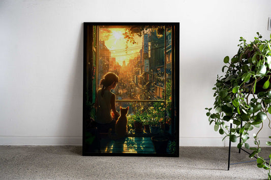 Japan Cityscape with Cat Asian Style Poster | Wall Art for Home & Office | High-Quality Print - High-Quality Visual Display