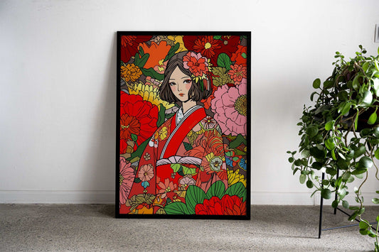 Japan Kimono Girl Flowers Asian Style Poster | Wall Art for Home & Office | High-Quality Print - High-Quality Visual Display