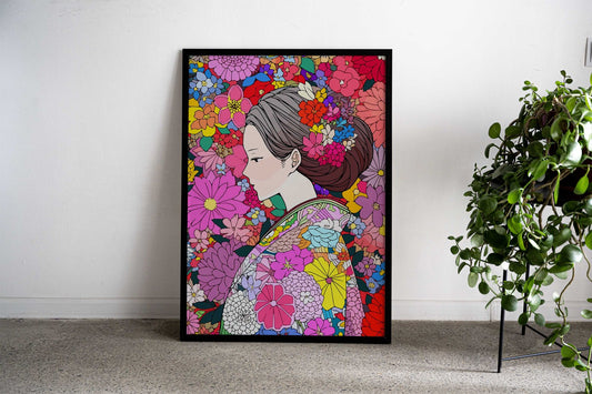Japan Woman Kimono Flowers Asian Style Poster | Wall Art for Home & Office | High-Quality Print - High-Quality Visual Display