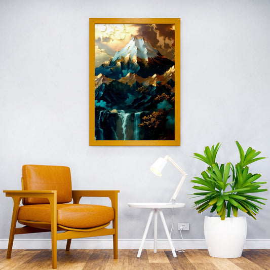 Japanese Art Golden Mountain Waterfall Asian Style Poster | Wall Art for Home & Office | High-Quality Print - High-Quality Visual Display