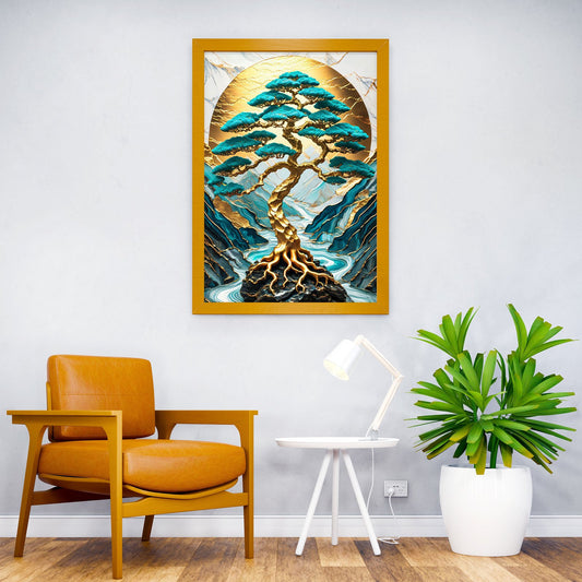Japanese Art Landscape Golden Bonsai Tree Mountains Background and River flowing Asian Style Poster | Wall Art for Home & Office | High-Quality Print - High-Quality Visual Display