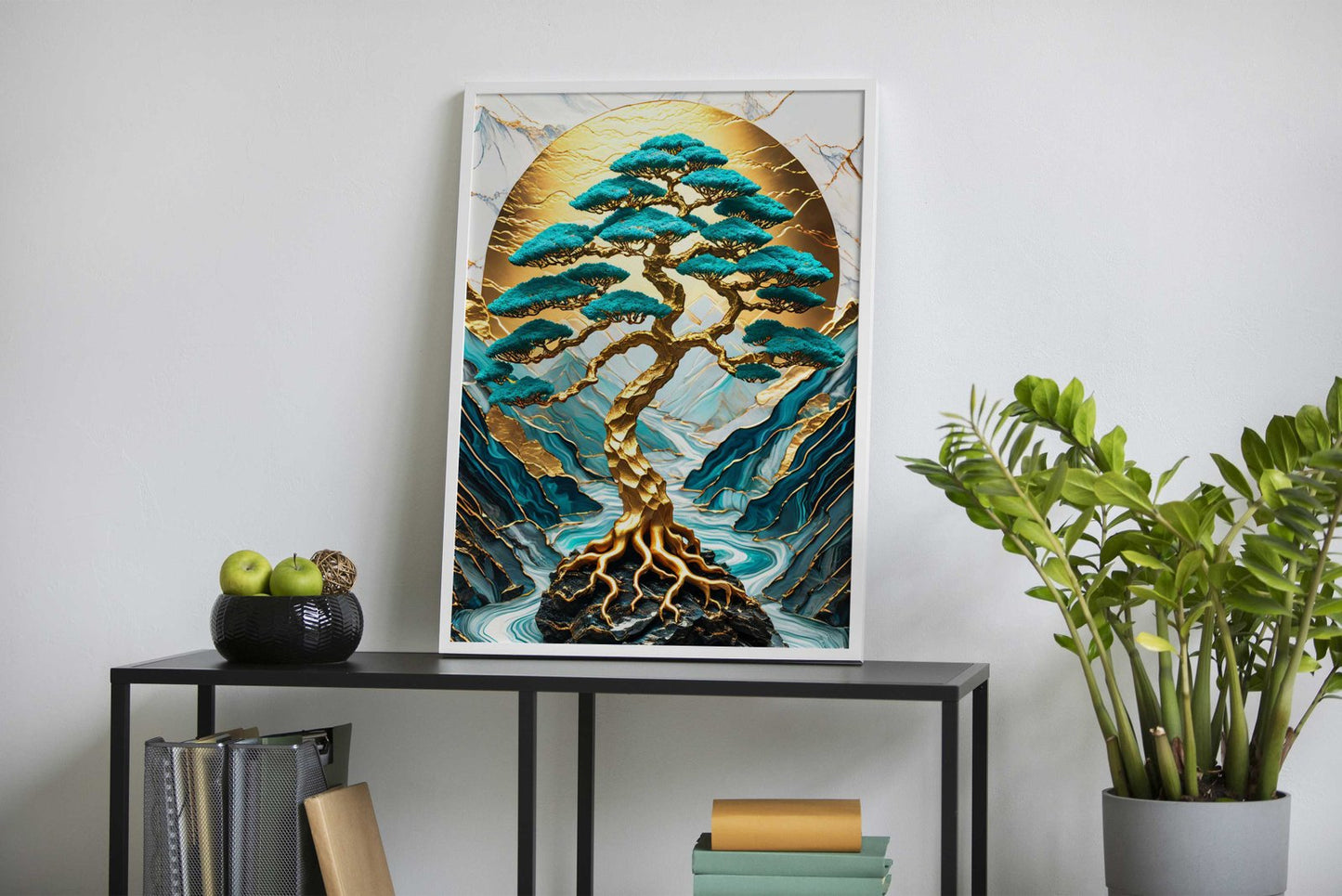 Japanese Art Landscape Golden Bonsai Tree Mountains Background and River flowing Asian Style Poster | Wall Art for Home & Office | High-Quality Print
