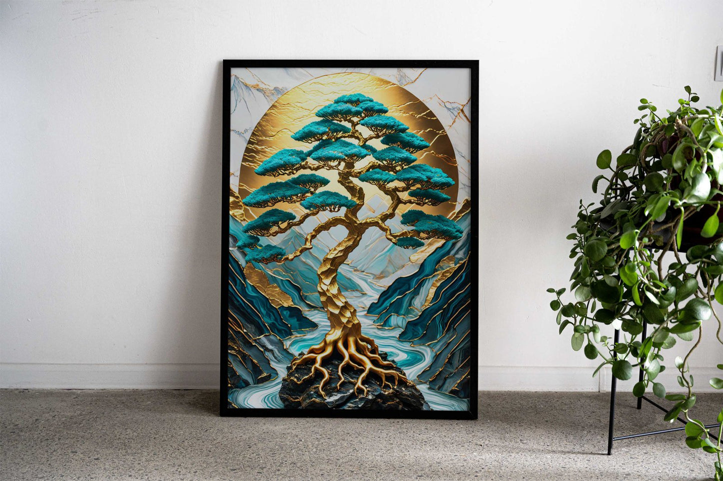 Japanese Art Landscape Golden Bonsai Tree Mountains Background and River flowing Asian Style Poster | Wall Art for Home & Office | High-Quality Print