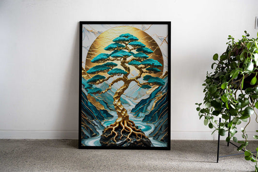 Japanese Art Landscape Golden Bonsai Tree Mountains Background and River flowing Asian Style Poster | Wall Art for Home & Office | High-Quality Print - High-Quality Visual Display