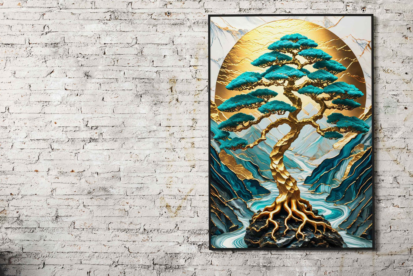 Japanese Art Landscape Golden Bonsai Tree Mountains Background and River flowing Asian Style Poster | Wall Art for Home & Office | High-Quality Print