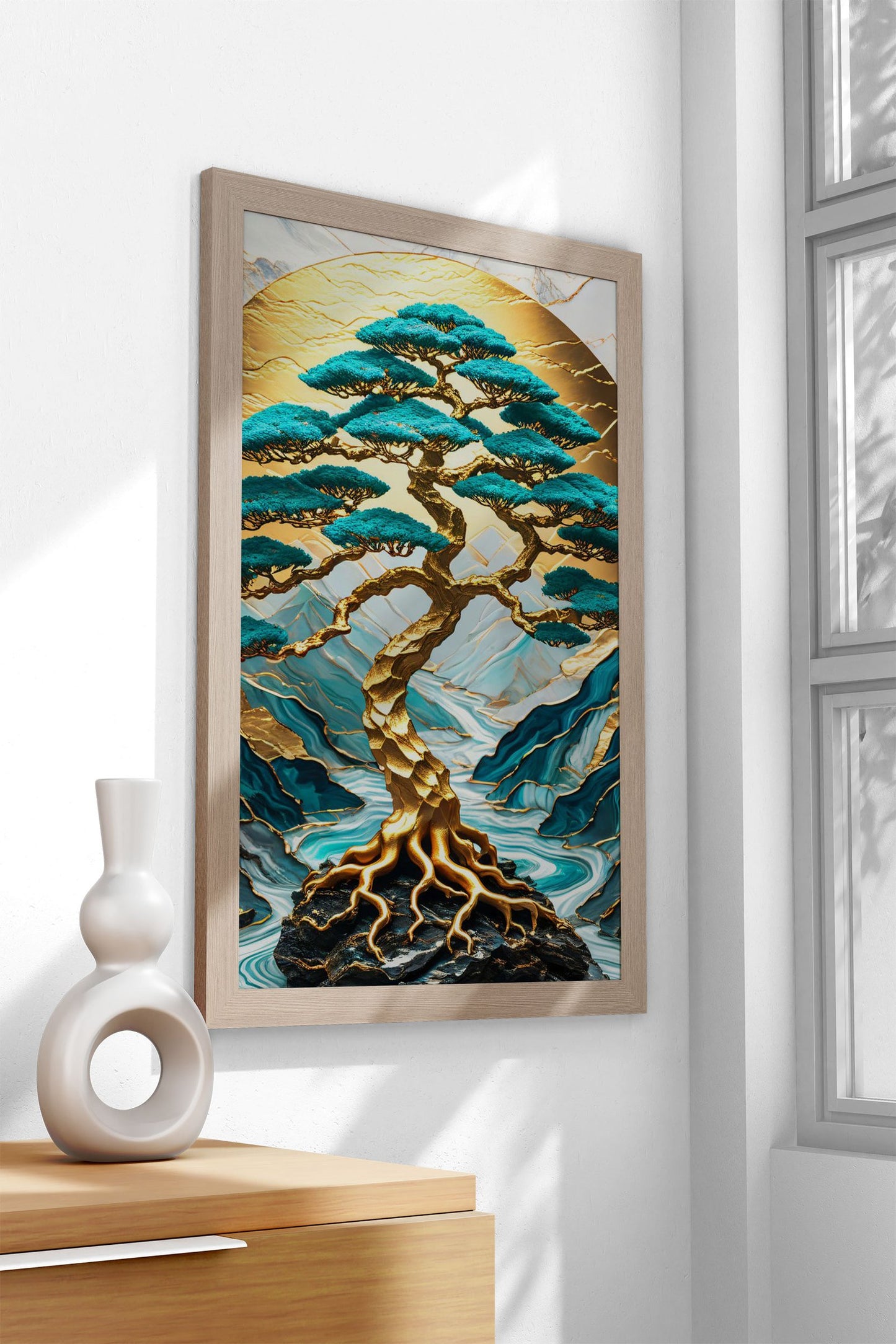 Japanese Art Landscape Golden Bonsai Tree Mountains Background and River flowing Asian Style Poster | Wall Art for Home & Office | High-Quality Print