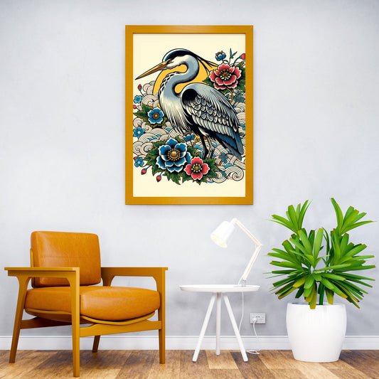 Japanese Blue Heron Floral Design Asian Style Poster | Wall Art for Home & Office | High-Quality Print - High-Quality Visual Display