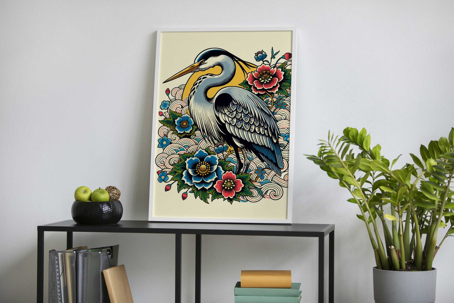 Japanese Blue Heron Floral Design Asian Style Poster | Wall Art for Home & Office | High-Quality Print - High-Quality Visual Display