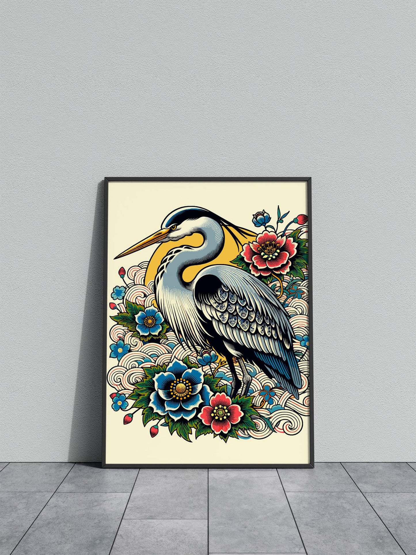 Japanese Blue Heron Floral Design Asian Style Poster | Wall Art for Home & Office | High-Quality Print - High-Quality Visual Display