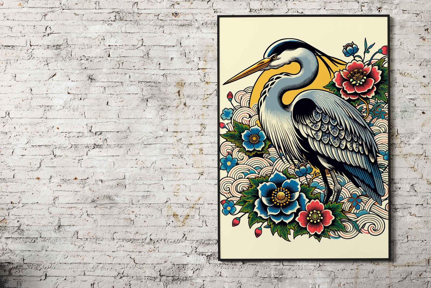 Japanese Blue Heron Floral Design Asian Style Poster | Wall Art for Home & Office | High-Quality Print - High-Quality Visual Display