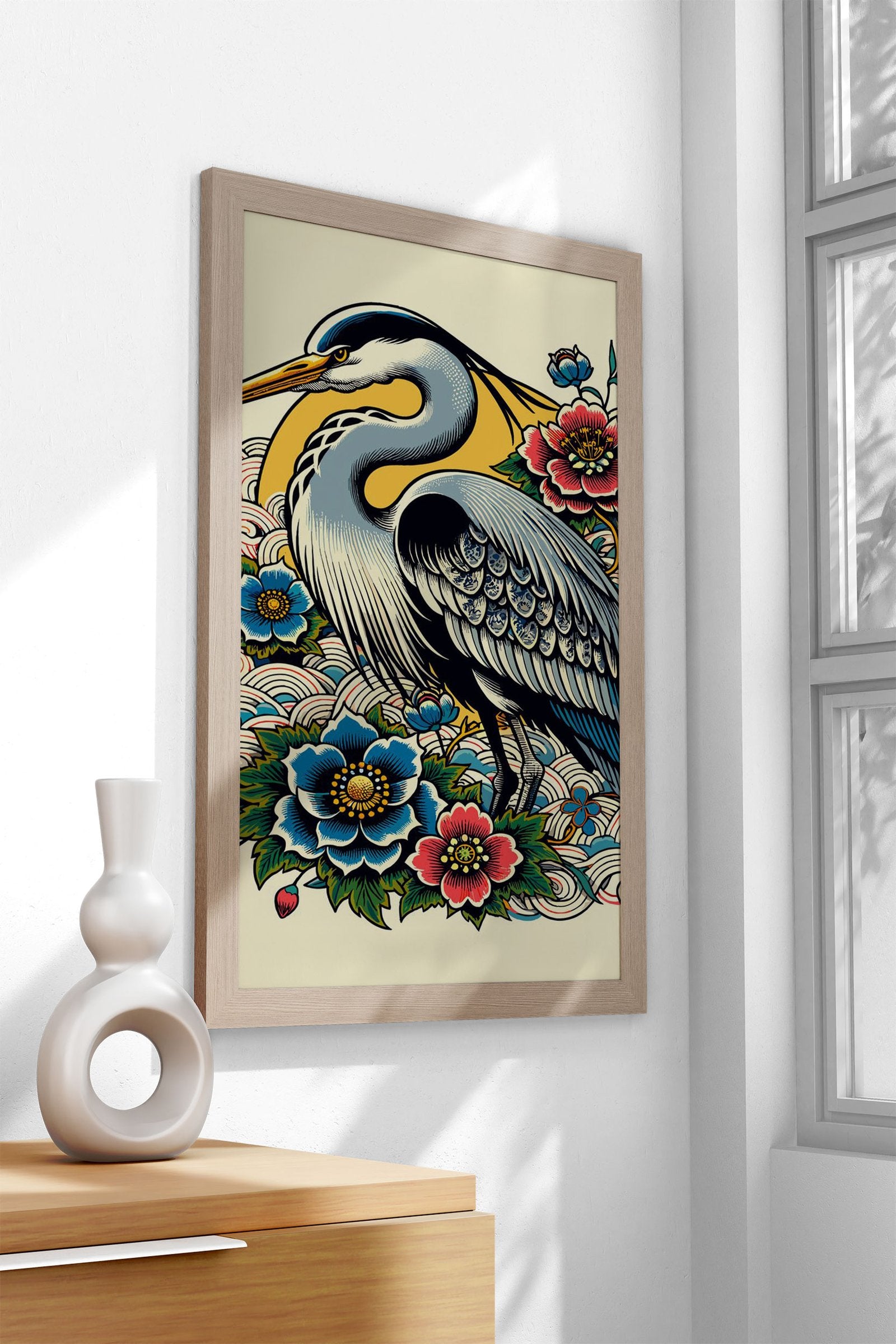 Japanese Blue Heron Floral Design Asian Style Poster | Wall Art for Home & Office | High-Quality Print - High-Quality Visual Display