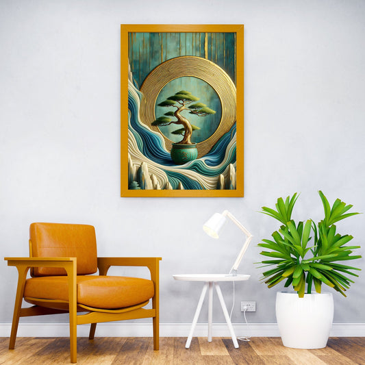 Japanese Bonsai Tree in Gold Circle Asian Style Poster | Wall Art for Home & Office | High-Quality Print - High-Quality Visual Display