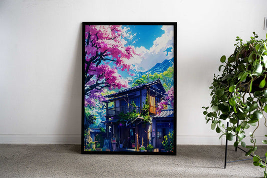 Japanese Cherry Blossom House Asian Style Poster | Wall Art for Home & Office | High-Quality Print - High-Quality Visual Display