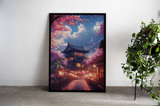 Japanese Cherry Blossom Town Asian Style Poster | Wall Art for Home & Office | High-Quality Print - High-Quality Visual Display