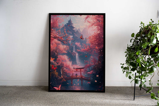 Japanese Garden with Waterfall Asian Style Poster | Wall Art for Home & Office | High-Quality Print - High-Quality Visual Display