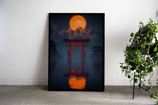 Japanese Gate Under Red Moon Asian Style Poster | Wall Art for Home & Office | High-Quality Print - High-Quality Visual Display