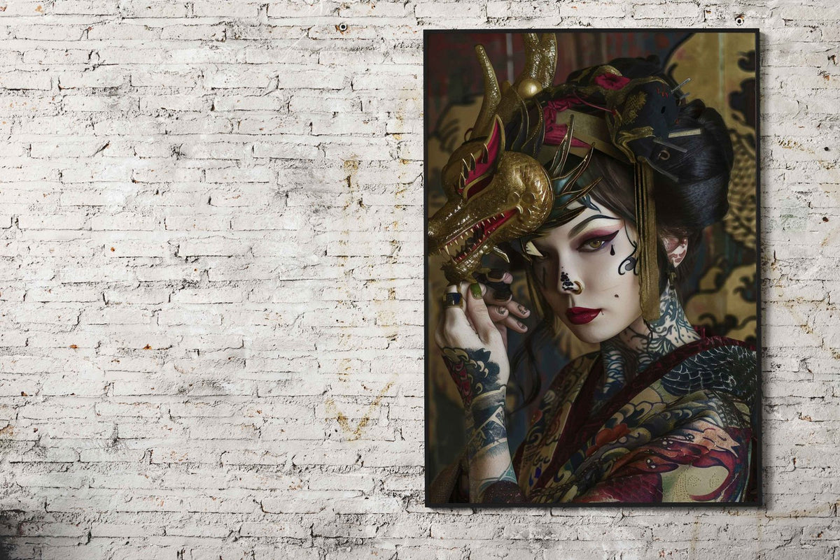Japanese Geisha with Dragon Mask Asian Style Poster | Wall Art for Home & Office | High-Quality Print - High-Quality Visual Display