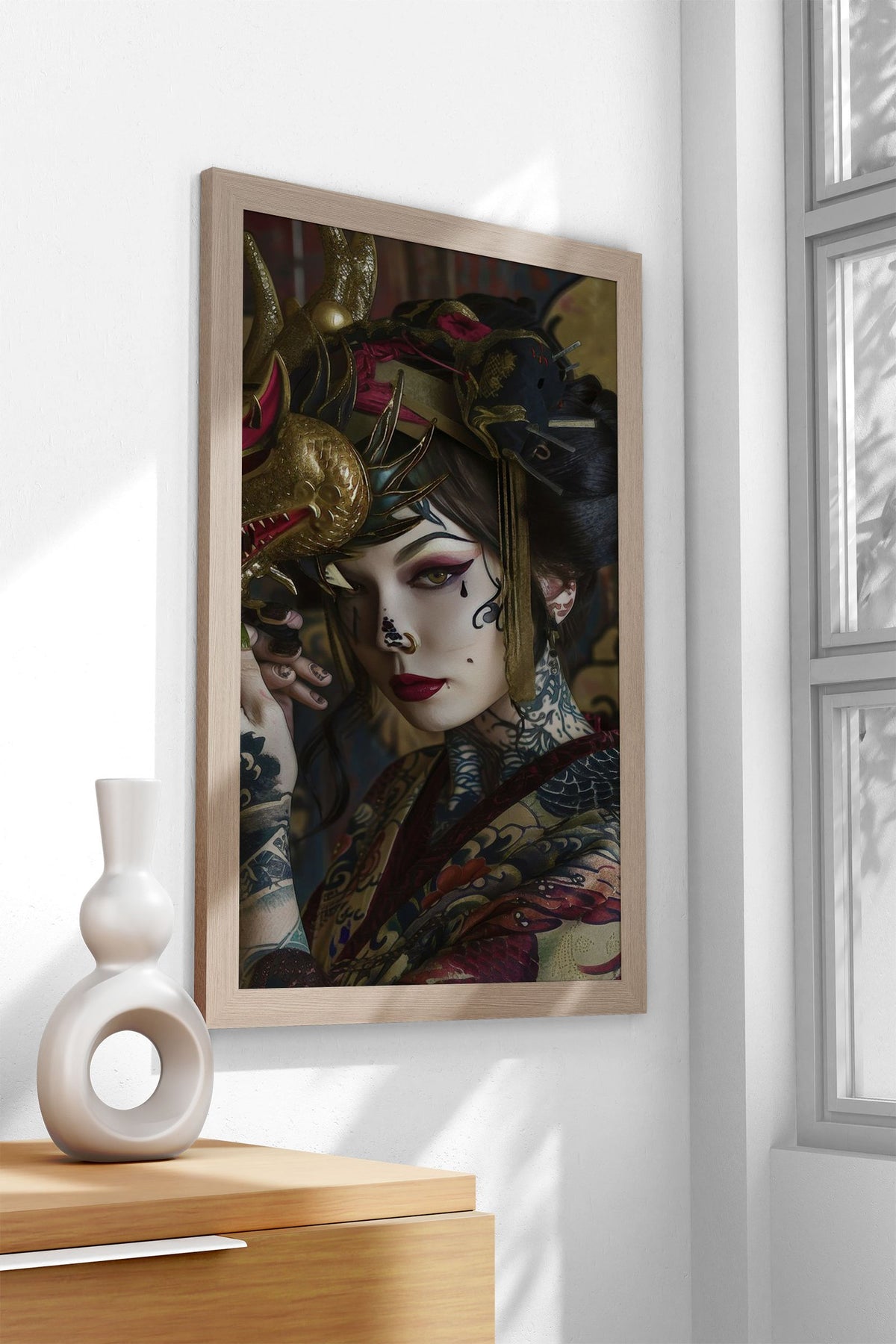 Japanese Geisha with Dragon Mask Asian Style Poster | Wall Art for Home & Office | High-Quality Print - High-Quality Visual Display