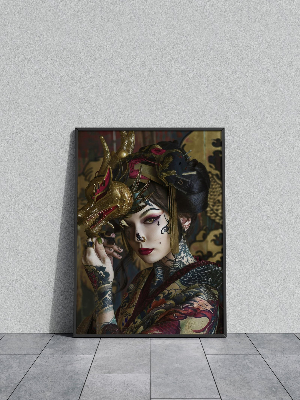 Japanese Geisha with Dragon Mask Asian Style Poster | Wall Art for Home & Office | High-Quality Print - High-Quality Visual Display
