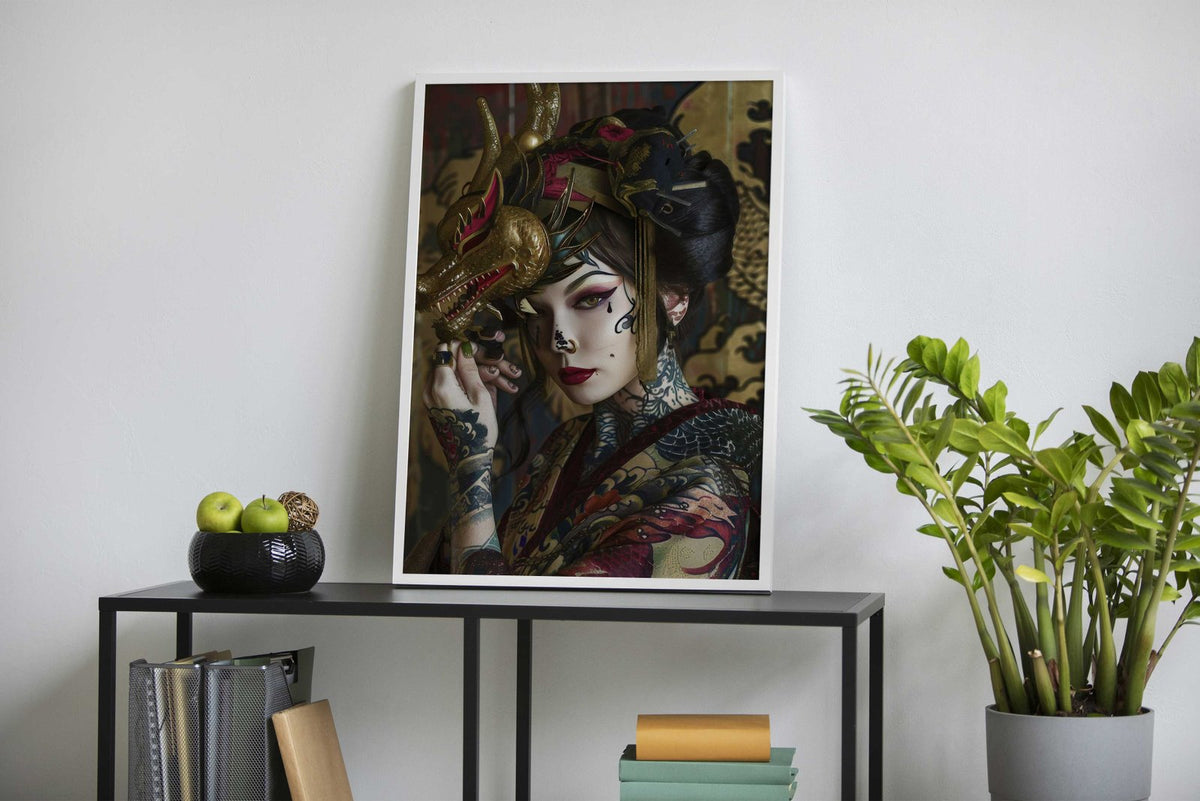 Japanese Geisha with Dragon Mask Asian Style Poster | Wall Art for Home & Office | High-Quality Print - High-Quality Visual Display