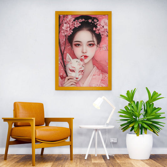 Japanese Girl With Kitsune Mask & Cherry Blossoms Asian Style Poster | Wall Art for Home & Office | High-Quality Print - High-Quality Visual Display