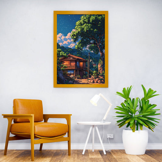 Japanese House Under Starry Sky Asian Style Poster | Wall Art for Home & Office | High-Quality Print - High-Quality Visual Display