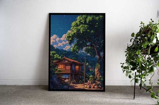 Japanese House Under Starry Sky Asian Style Poster | Wall Art for Home & Office | High-Quality Print - High-Quality Visual Display