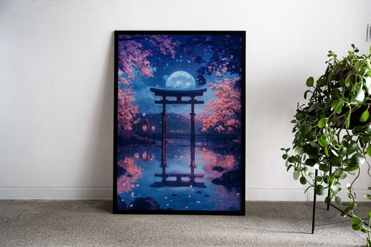 Japanese Moonlit Torii Gate chery bloossom Asian Style Poster | Wall Art for Home & Office | High-Quality Print - High-Quality Visual Display