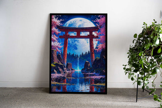 Japanese Moonlit Waterfall Asian Style Poster | Wall Art for Home & Office | High-Quality Print - High-Quality Visual Display