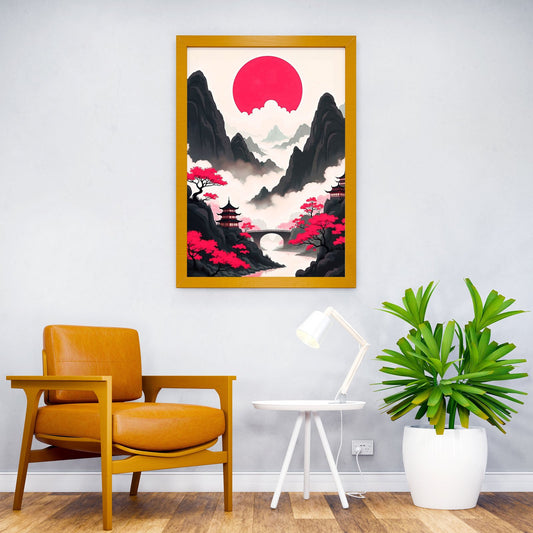 Japanese Mountains Under Red Moon Landscape Asian Style Poster | Wall Art for Home & Office | High-Quality Print - High-Quality Visual Display
