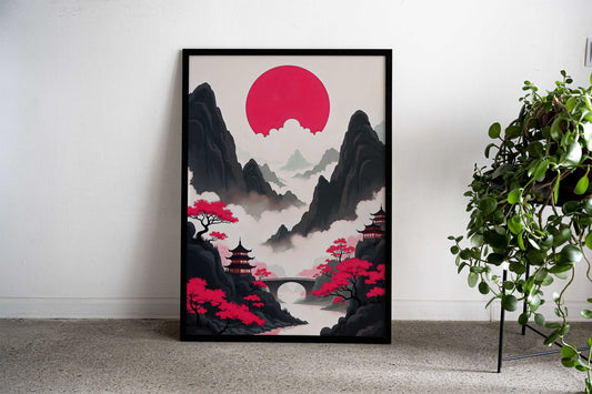 Japanese Mountains Under Red Moon Landscape Asian Style Poster | Wall Art for Home & Office | High-Quality Print - High-Quality Visual Display