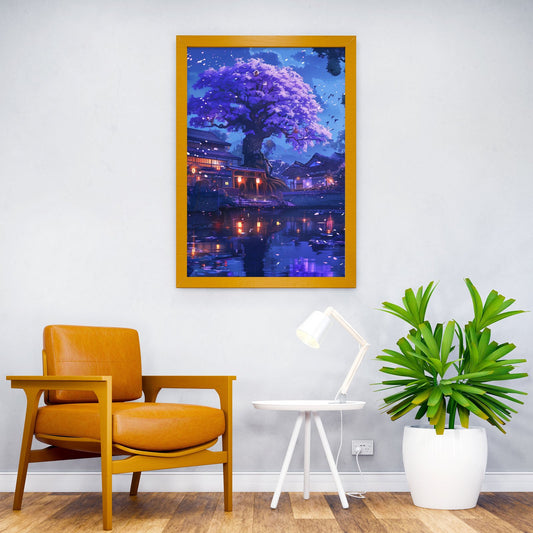 Japanese Neon Waterfall Temple Asian Style Poster | Wall Art for Home & Office | High-Quality Print - High-Quality Visual Display