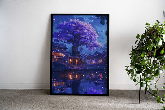 Japanese Neon Waterfall Temple Asian Style Poster | Wall Art for Home & Office | High-Quality Print - High-Quality Visual Display