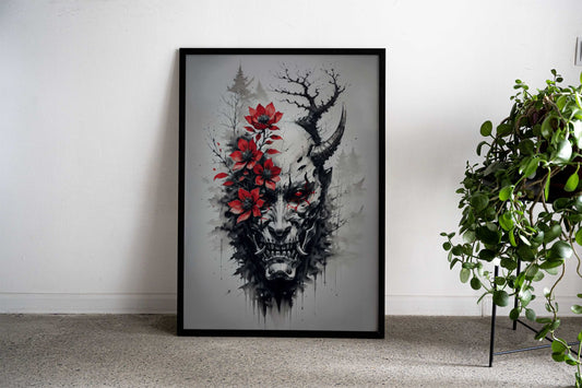 Japanese Oni Mask with Flowers Asian Style Poster | Wall Art for Home & Office | High-Quality Print - High-Quality Visual Display