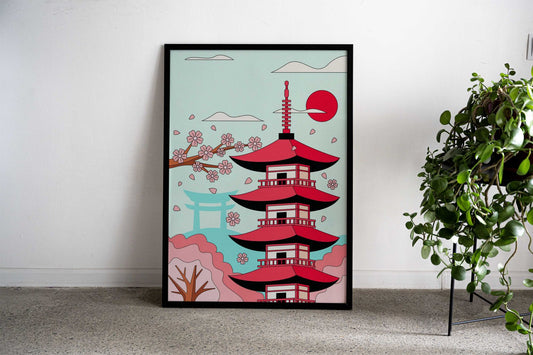 Japanese Pagoda Illustration Asian Style Poster | Wall Art for Home & Office | High-Quality Print - High-Quality Visual Display
