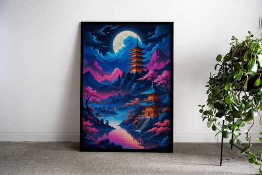 Japanese Pagoda Night Scene Asian Style Poster | Wall Art for Home & Office | High-Quality Print - High-Quality Visual Display