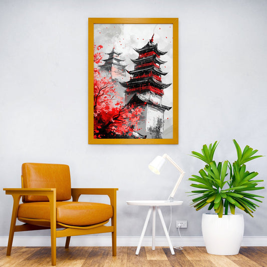 Japanese Pagoda Painting Asian Style Poster | Wall Art for Home & Office | High-Quality Print - High-Quality Visual Display