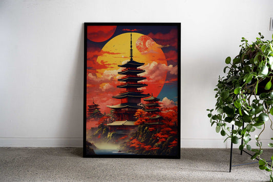 Japanese Pagoda Sunset Asian Style Poster | Wall Art for Home & Office | High-Quality Print - High-Quality Visual Display