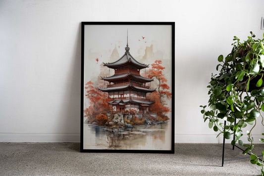 Japanese Pagoda Watercolor Asian Style Poster | Wall Art for Home & Office | High-Quality Print - High-Quality Visual Display