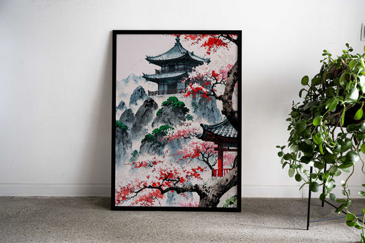 Japanese Pagoda in Mountains Asian Style Poster | Wall Art for Home & Office | High-Quality Print - High-Quality Visual Display