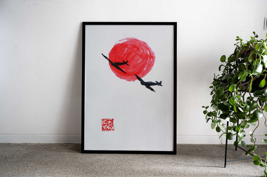 Japanese Red Sun & Planes Asian Style Poster | Wall Art for Home & Office | High-Quality Print - High-Quality Visual Display