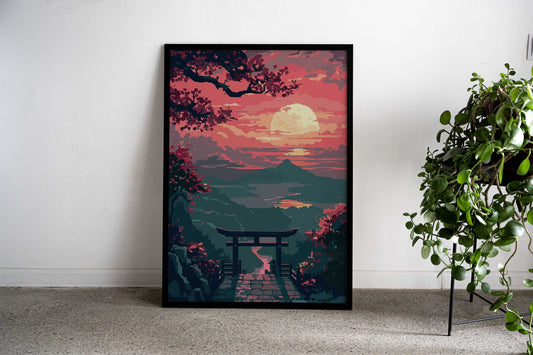 Japanese Sunset Landscape Pixel Art Asian Style Poster | Wall Art for Home & Office | High-Quality Print - High-Quality Visual Display