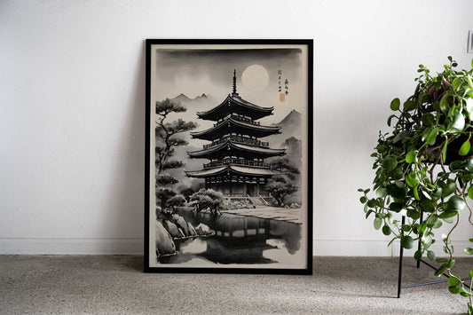 Japanese Temple Ink Art Asian Style Poster | Wall Art for Home & Office | High-Quality Print - High-Quality Visual Display