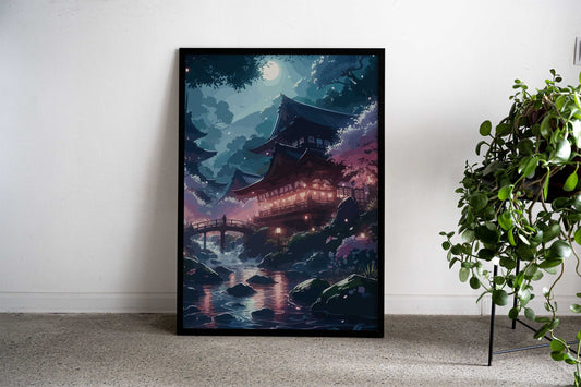 Japanese Temple Night Scene Asian Style Poster | Wall Art for Home & Office | High-Quality Print - High-Quality Visual Display
