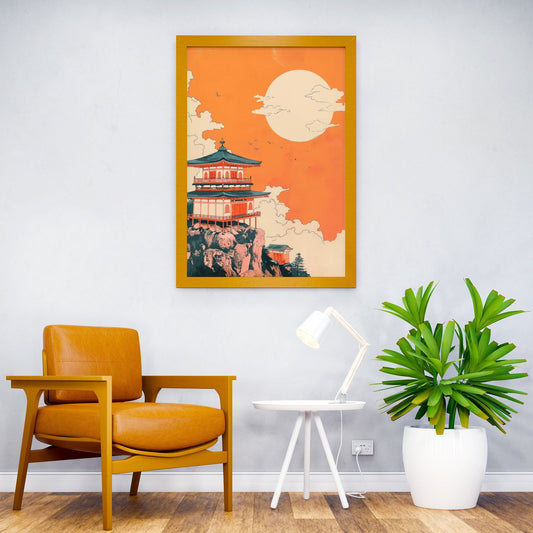 Japanese Temple Sunset Woodblock Print Asian Style Poster | Wall Art for Home & Office | High-Quality Print - High-Quality Visual Display