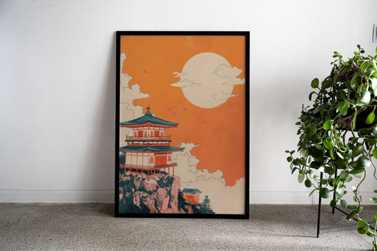 Japanese Temple Sunset Woodblock Print Asian Style Poster | Wall Art for Home & Office | High-Quality Print - High-Quality Visual Display
