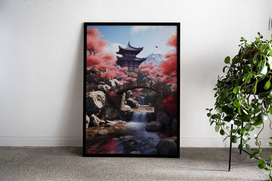 Japanese Temple and Stream Asian Style Poster | Wall Art for Home & Office | High-Quality Print - High-Quality Visual Display