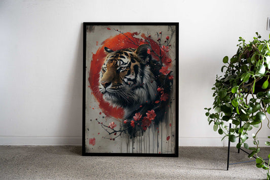 Japanese Tiger with Cherry Blossoms Asian Style Poster | Wall Art for Home & Office | High-Quality Print - High-Quality Visual Display